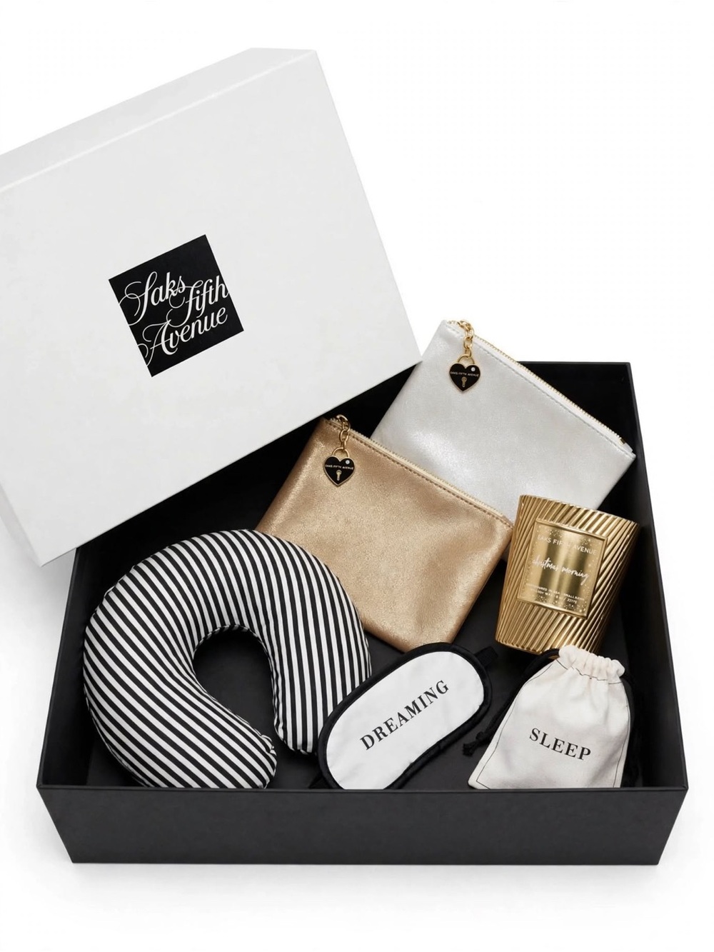 Saks Fifth Avenue Black & White Striped Travel Neck Pillow Set with Gold Accents